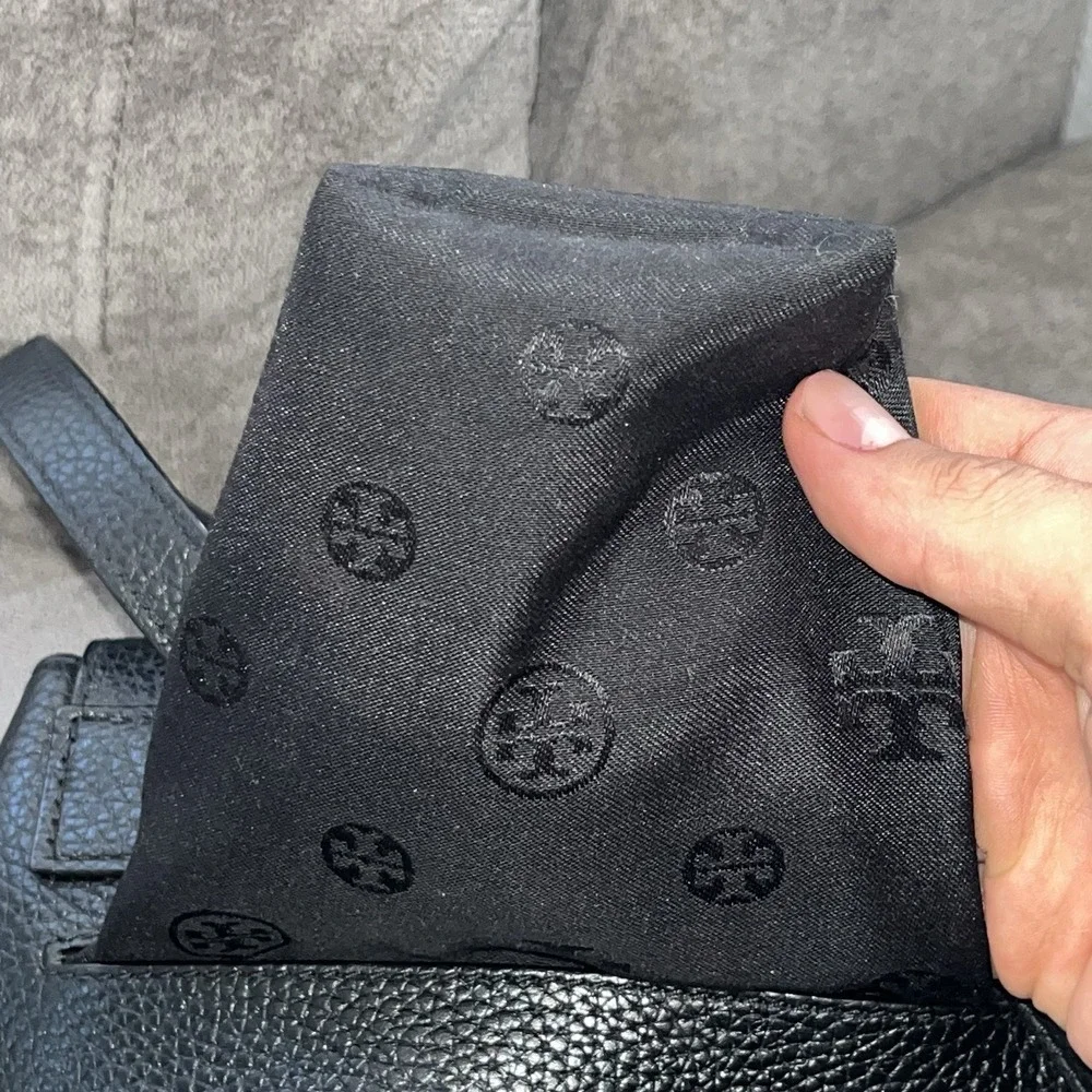 Tory Burch McGraw Black Pebbled Leather Backpack Tassel Double T Logo Stains